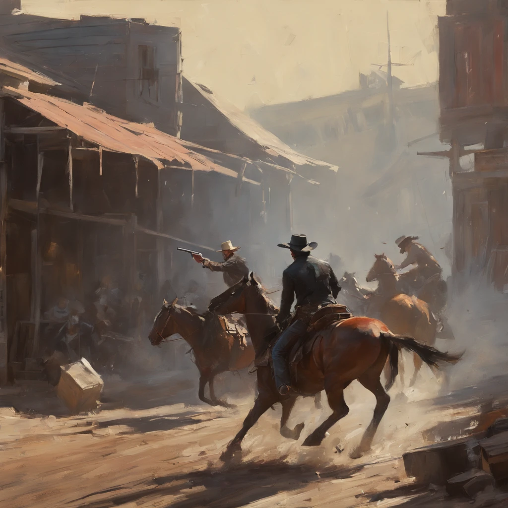 Plan d&#39;action dynamique et complexe d&#39;un cowboy lors d&#39;une fusillade, Cinématique Steve Henderson Fabian Perez Henry Asencio Jeremy Mann Marc Simonetti Fantasy, atmosphère de Red Dead Redemption 2, Cinématique, #photographier