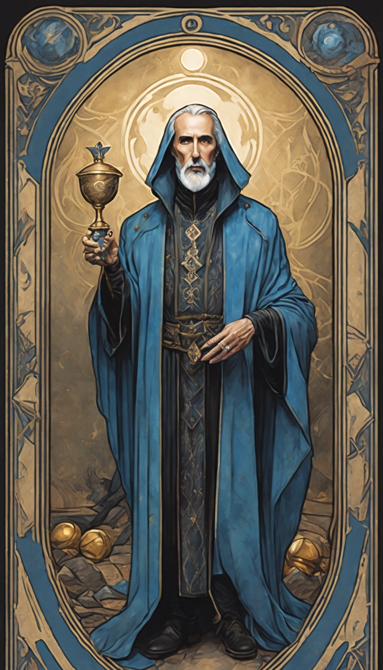 Christopher Lee como el mago, vistiendo estilo gótico azul, cuervo, serpiente , copa de vino de metal, estilo tarot (canvas watercolor illustration of a estilo tarot:1.1) Baraja de carta, colores matizados, resplandor nacarado, muy poco contraste, Colores vintage apagados, imagen central, dinámica, muy detallado, Proporción áurea de composición perfecta, mejor calidad, enfoque nítido, por With Design In Mind