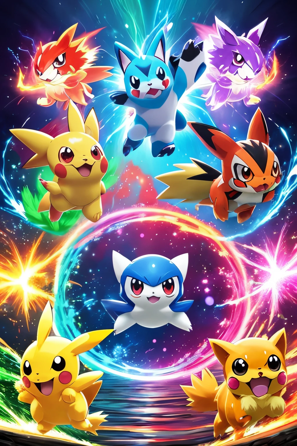 highres,ultra-detailed,pokemon characters,colorful,animestyle:1.1,intense battle scene,multiple characters in action,dynamic poses,vivid colors,sharp focus.brilliant lighting,electrifying effects,thunderbolts and lightning,roaring fire,fluttering leaves,rippling water,bubble attacks,torrential rain,crackling energy,floating energy orbs,lively expressions,chasing and dodging,throwing pokeballs,collecting badges,friendly rivalries,adventure across regions,magical creatures,fantastical landscapes,journey of friendship and growth.