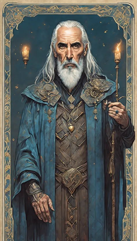 christopher lee as the magus, wearing blue gothic style, raven, snake , winecup metal, tarot style (canvas watercolor illustrati...