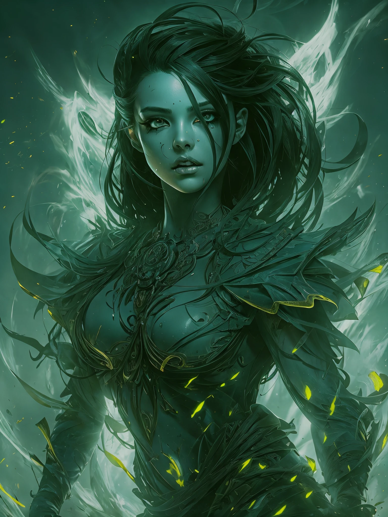 Ultra detailed illustration painting of a luminous and enchanting bad girl undead/human-like creature with dark hair, dynamic pose, anime style, dimly lit dark fantasy realm enviroment, mid shot, rule of thirds depth of field intricate details, concept art, subtle colors, fantastical realm, extremely detailed, ultra sharp focus, light particles, attention to detail, grandeur and awe, cinematic, stunning visual masterpiece, double exposure, 8k, photorealistic, strong outlines, cinematographic scene,