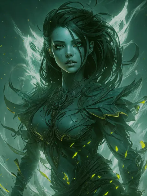 Ultra detailed illustration painting of a luminous and enchanting bad girl undead/human-like creature with dark hair, dynamic po...