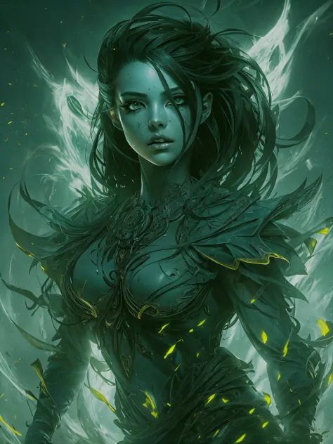 ultra detailed illustration painting of a luminous and enchanting bad girl undead/human-like creature with dark hair, dynamic po...