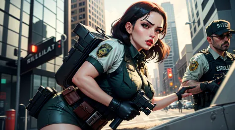 ILLUSTRATION of a  female (Jesica Alba :1.1) red lips, green eyes,  swat cops GTA character nest to a bank that is getting robbe...