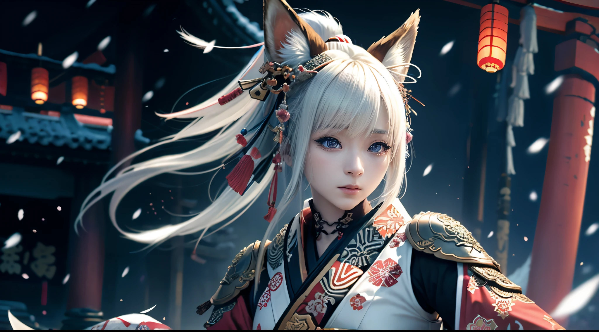 anime - style image of a short-white hair warrior woman, clothes only have white and black colour, samurai kimono, empty hand, white lotus, cry,, a character portrait, fantasy art, background is a winter japan mountain shrine, cyberpunk shrine maiden with fox ears and fox tails, dark white and bold red color, natural lighting, robot fox companions, fighting pose,​masterpiece, 1 beautiful girl, Detailed eye, Swollen eyes, top-quality, A high resolution, an asian beauty, very extremely beautiful, Beautiful skins, A slender, Forward-facing body, (A hyper-realistic), (high resolution), (4K), (highly detailed),( Best Illustration), (beautifully detailed eyes), (ultra-detailed), 详细的脸, Bright lighting, Professional Lighting, distance view,