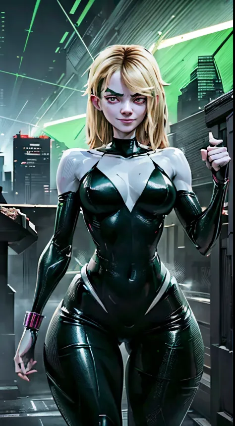 (Best Quality,4K,8K,hight resolution,masutepiece:1.2),Gwen Stacy in high-tech Green Goblin armor, Red Eyes, evil smile,Mysterious atmosphere,green villain armor, intense emotion, adrenaline rush,, inspired by comics, intense contrast, eerie green glow, dys...