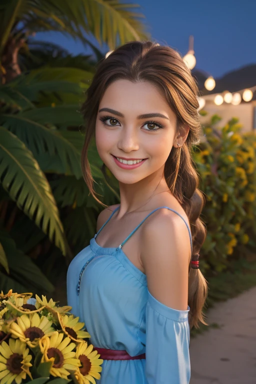 (realista: 1.4), mejor calidad, ultra-high-resolution, 4k ,  Detalles intrincados , Altamente detallado, A 16-year-old girl , very light brown hair with braid , Cabello largo , todo muy detallado , Sonriente  , alto contraste  ,  Background flowers falling behind her , HDR , cinematographic image , senos medianos , viste playera amarilla de manga corta , playera amarilla , falda azul plisada , falda azul , linda sonrisa , maquillaje ,ojos verdes , jardin , fiesta , noche , posando sexy para foto , trenza grande , cuerpo completo