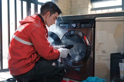 A man wearing a red long-sleeved coat squats to clean the washing machine，washes，being repaired，Wearing white gloves，Handheld hi...