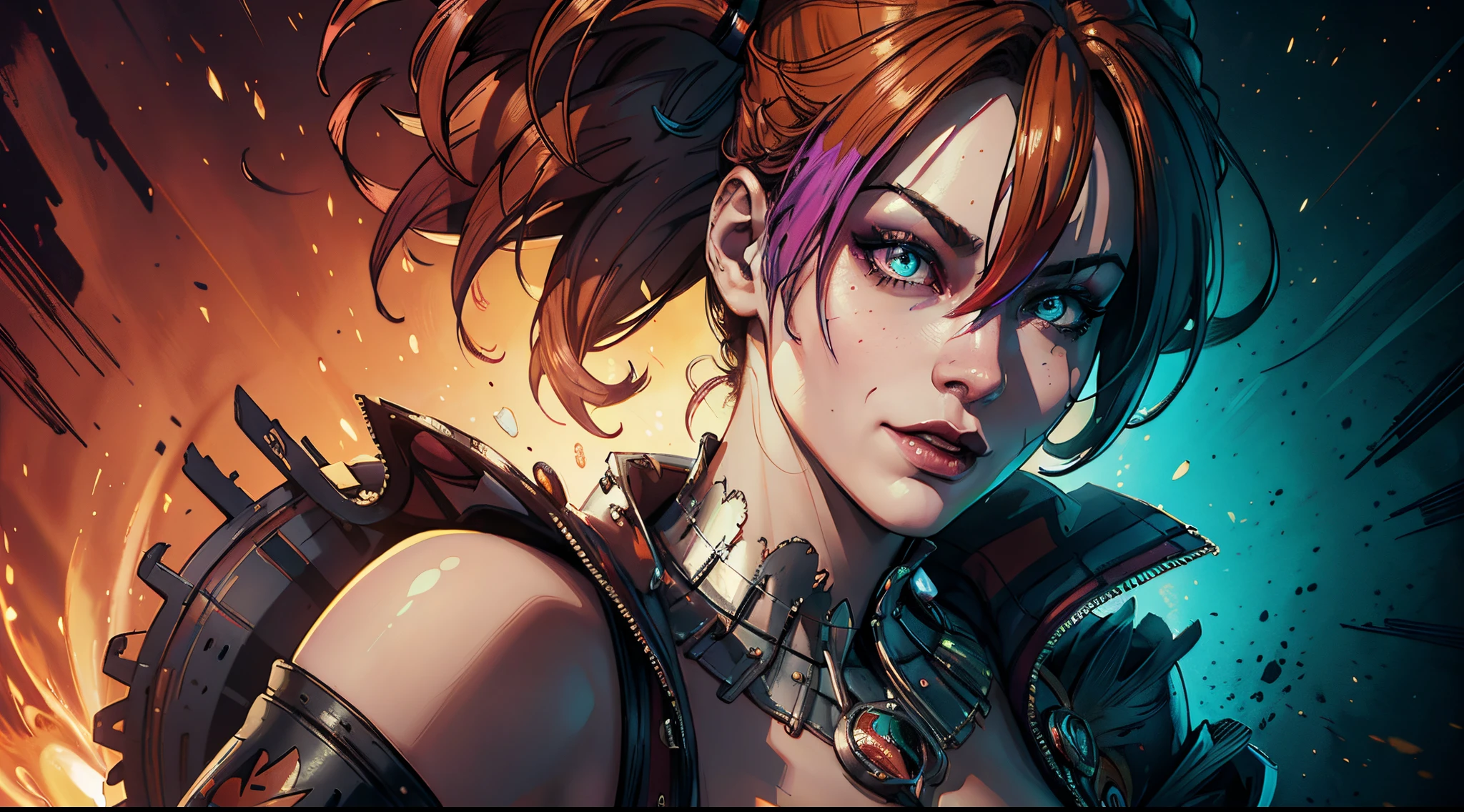 (melhor qualidade,4K,alta resolução:1.2),Ultra-detalhado,realista,hiper-detalhado,lindo,cores vibrantes,pinceladas,Retrato,Incrível,Harley Quinn,papel de parede,Qualidade HD,foco nitído,cores vivas,expressão feliz,cabelo multicolorido,atraente,estilo de quadrinhos,brincalhão,arte criativa,características faciais destacadas,composição dinâmica,personagem único,Olhos expressivos,Rosto sorridente,postura confiante,Roupas detalhadas,atitude feroz,imagem inesquecível,olhar marcante,arte pop,cores contrastantes,poder feminino,tema de super-herói,Sombreamento altamente detalhado,laranja vibrante,roxo,paleta de cores rosa e azul,talento artístico,fundo animado,Pinceladas energéticas,atraente design,impacto visual impressionante.