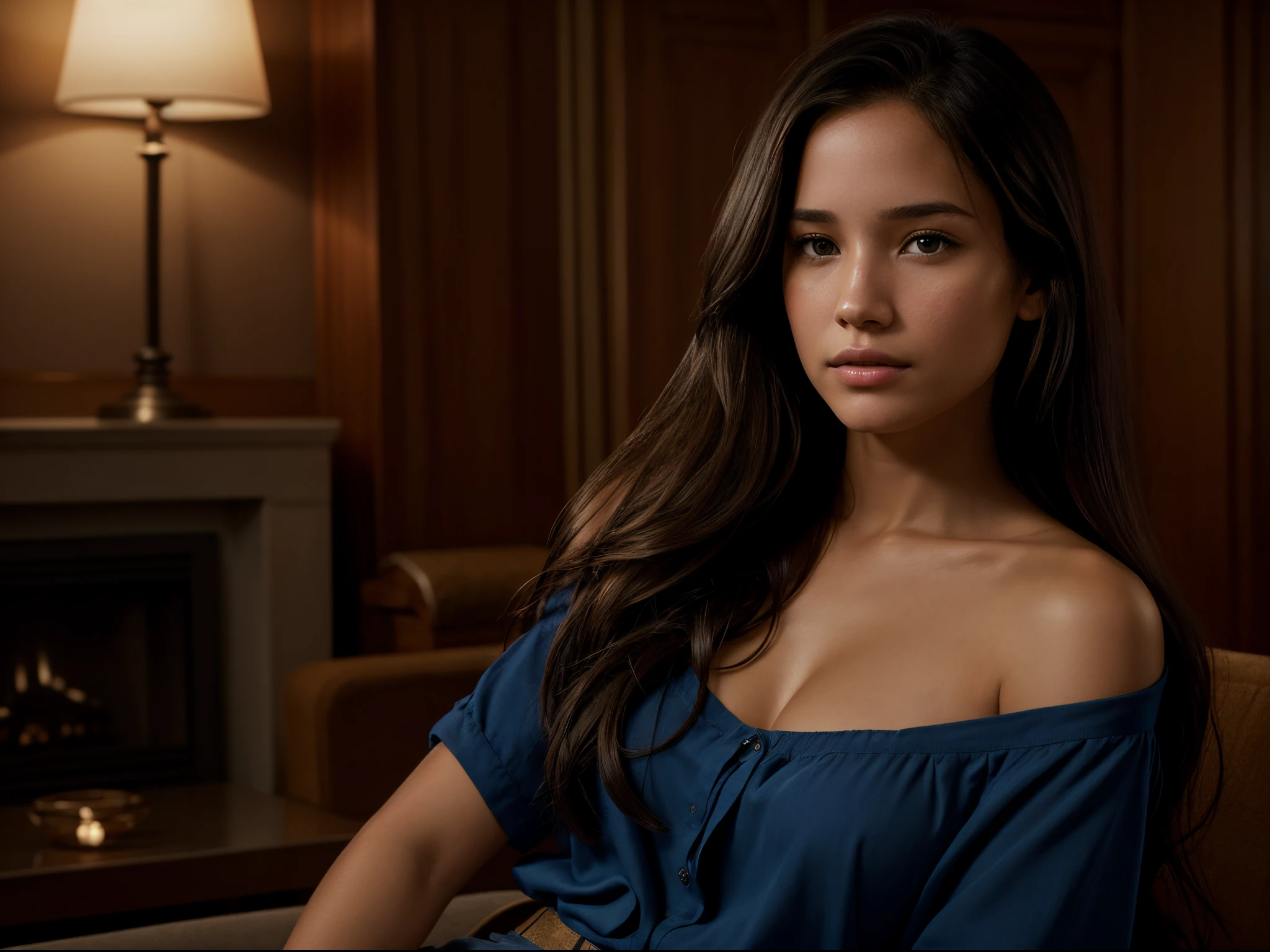 portrait photo, Foto hiperrealista en primer plano de Kelsey Asbille (native American), masterpiece, best quality, (photorealistic:1.4), portrait photo, blue blouse, night in living room, during the night, dark night, during night, cinematic light, beautiful woman, skinny, large breasts, black long hair, detailed face, photo taken from a distance, age 25 years old