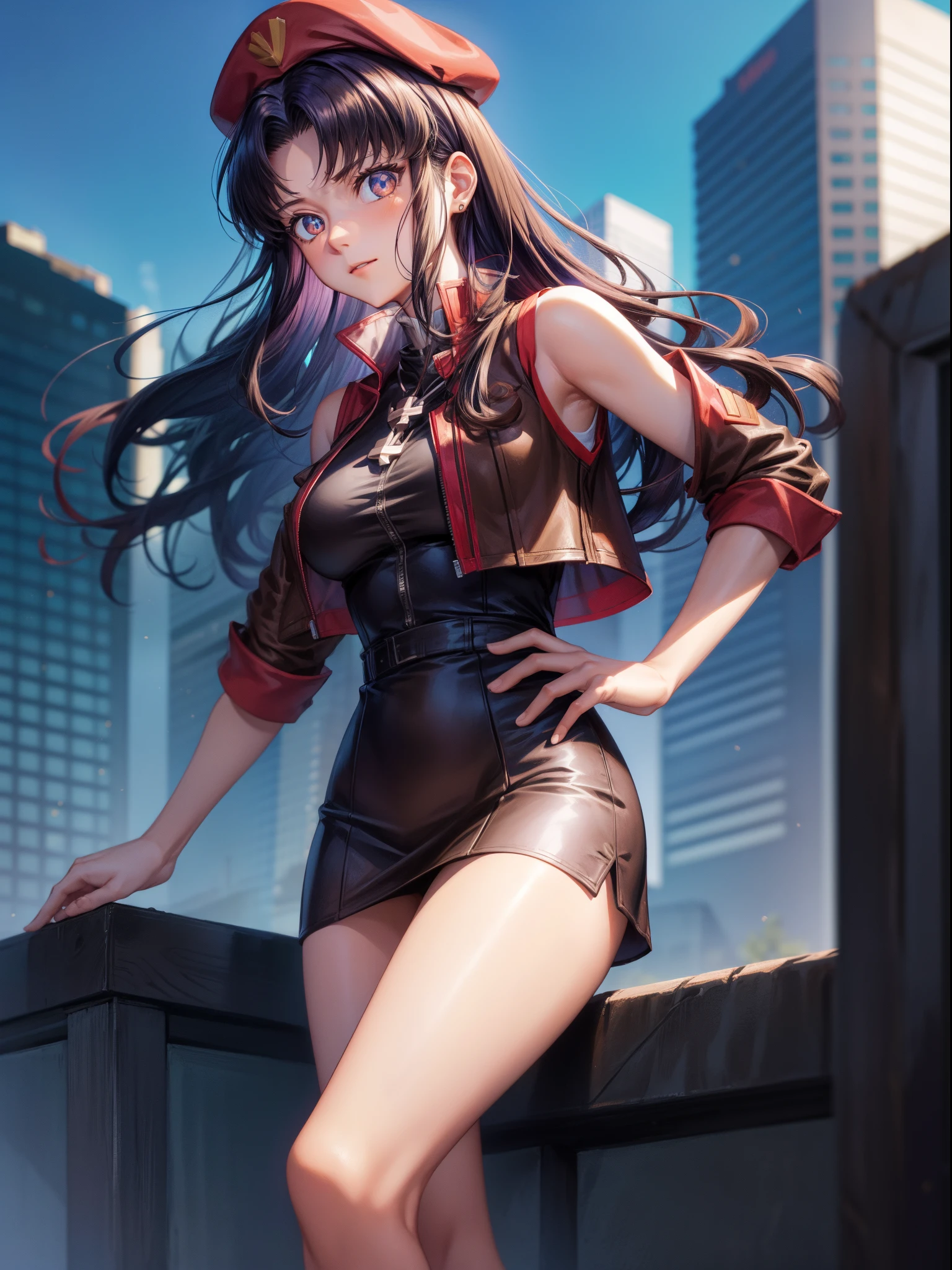 Misato katsuragi, Misato Katsuragi, Long hair, (Brown eyes:1.5), Blue hair, Purple hair,
The break has, Dress, Bare shoulders, Jewelry, Jacket, earrings, Open your clothes, Sleeveless, Necklace, Black Dress, Open jacket, Sleeveless dress, beret, Short dress, Cross, red headwear, Red jacket, Cross Necklace,
BREAK looking at viewer,
BREAK outdoors, city,
BREAK (masutepiece:1.2), Best Quality, High resolution, Unity 8k Wallpaper, (Illustration:0.8), (Beautiful detailed eyes:1.6), extra detailed face, Perfect Lighting, extremely details CG, (Perfect hands, Perfect Anatomy),