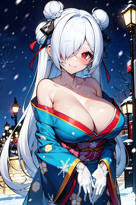 masterpiece, best quality, extremely detailed, 1girl, solo, anachirox, (huge breasts:1.1), (((white hair, twintails, very long hair, hair over one eye, bun, red eyes, slit pupils))), (((collarbone, blue kimono, print kimono, snowflakes print, white gloves)...