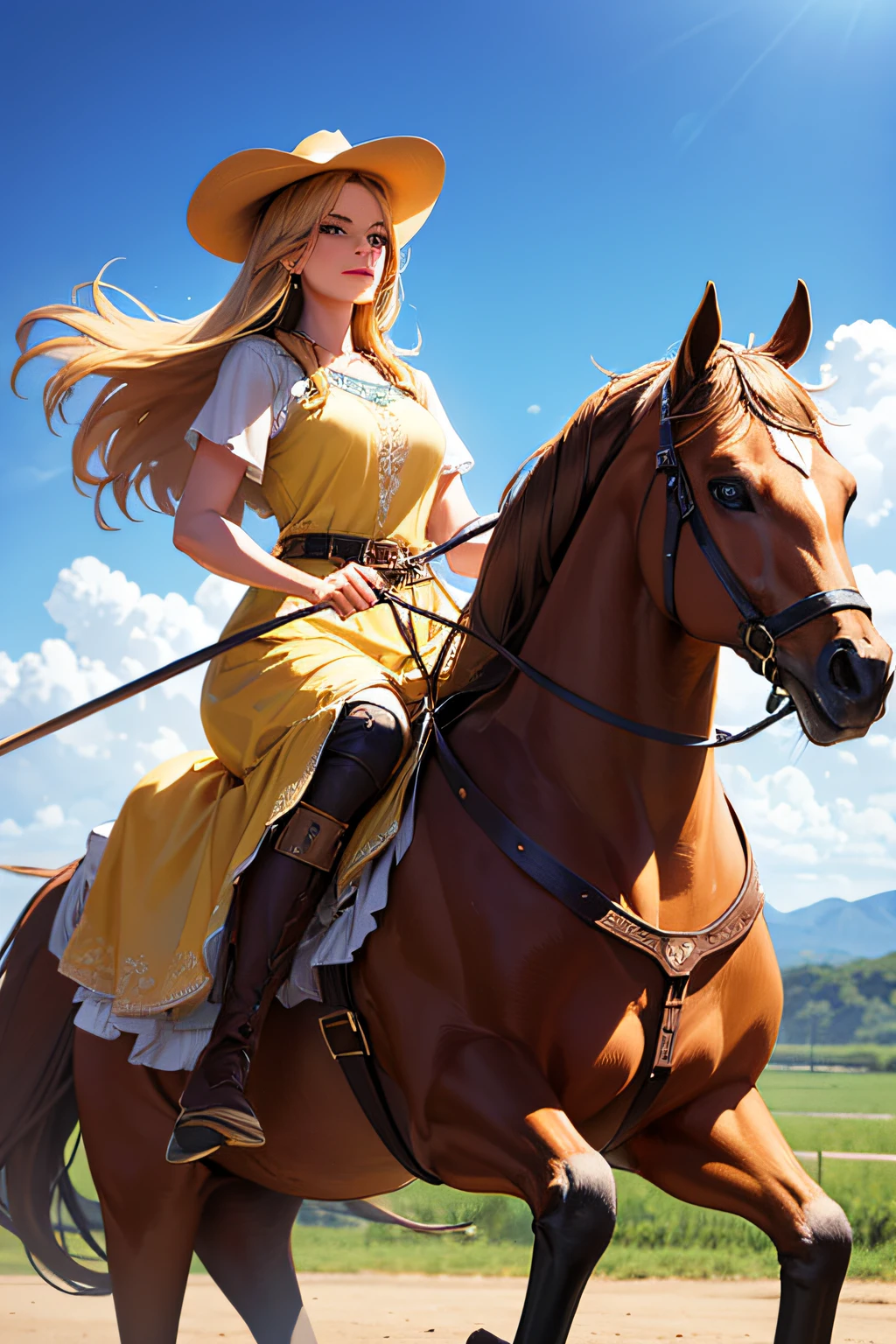 (Best Quality,4k,8K,high resolucion,Masterpiece:1.2),Ultra-detailed,(realisitic,Photorealistic,Realistis:1.37),A girl who looks like a princess, Tall and slender, Dressed as a cowgirl or western cowgirl,bronze skin tone,Vibrant and warm colors, Beautiful detailed eyes, Beautiful details lips, long eyeslashes,Golden hair fluttering in the wind,A wide-brimmed hat, flowing dress with fringe,boots,spur,Mounted on a horse,Running across the vast plains, holding a noose,Confident and assertive expression, adventurous and courageous.