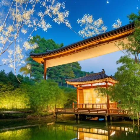 beautiful view of gangnam，pavilion beside bamboo forest，boat with umbrella，the moon shines on the ancient bridge，the cowherd and...