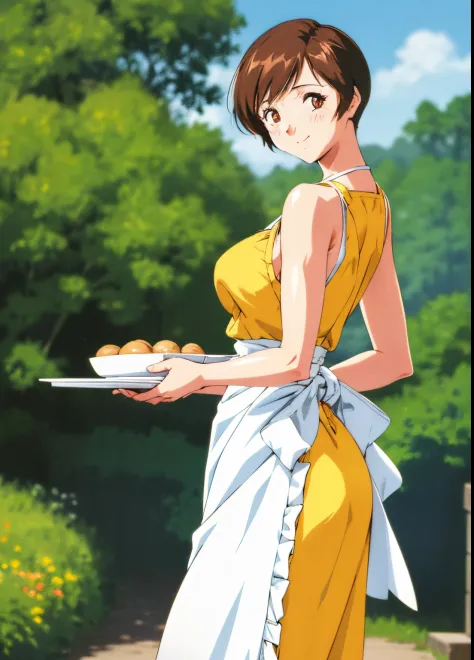 pleasure, 1girl in, Solo, Yellow dress, Sleeveless dress, Apron, Smile, Looking at Viewer, Outdoors, day, Waist apron, shiny, blush, skyporn, 鎖骨, Duan, Closed mouth, tree, Standing, retro artstyle, 1990's (Style), Leaning forward