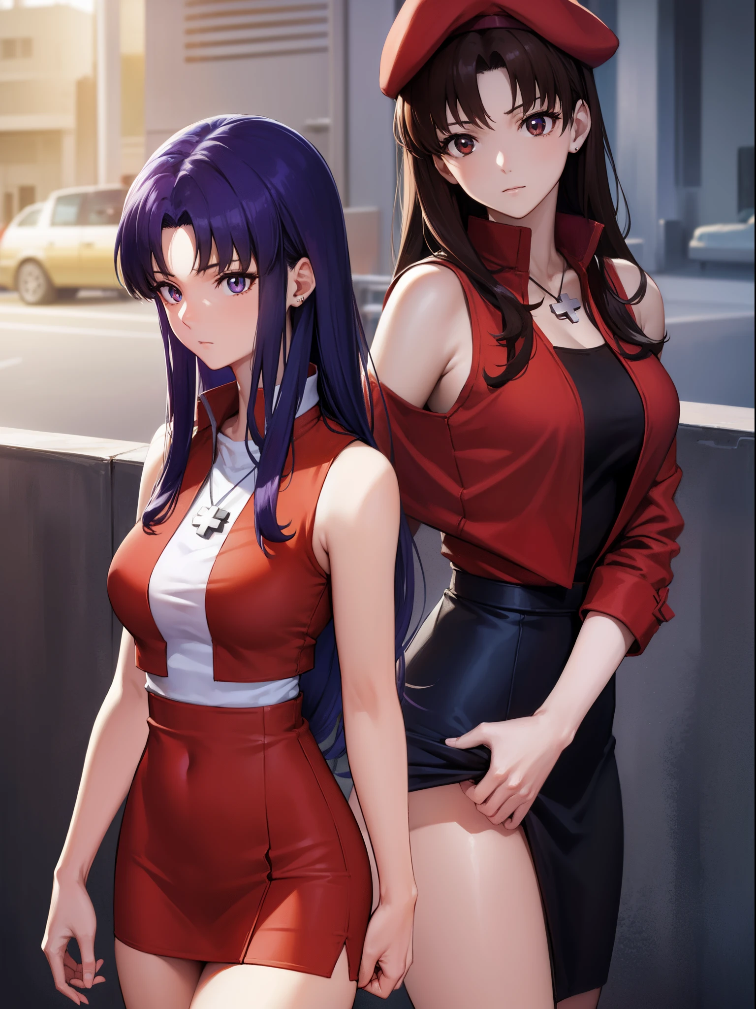 Misato katsuragi, Misato Katsuragi, Long hair, (Brown eyes:1.5), Blue hair, Purple hair,
The break has, Dress, Bare shoulders, Jewelry, Jacket, earrings, Open your clothes, Sleeveless, Necklace, Black Dress, Open jacket, Sleeveless dress, beret, Short dress, Cross, red headwear, Red jacket, Cross Necklace,
BREAK looking at viewer,
BREAK outdoors, city,
BREAK (masutepiece:1.2), Best Quality, High resolution, Unity 8k Wallpaper, (Illustration:0.8), (Beautiful detailed eyes:1.6), extra detailed face, Perfect Lighting, extremely details CG, (Perfect hands, Perfect Anatomy),