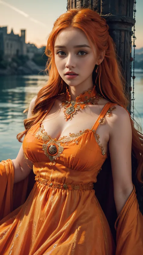 HDR 10, beautiful girl, detailed eyes, detailed lips, very long hair, orange hair, ultra detailed texture, water drops, outdoors, game of thrones, orange heavy dress, (high detailed orange dress:1.5), lace, loops, soft lighting, csitting,
