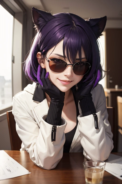 tmasterpiece, Best quality at best, Incrs head shot first person perspective, Clap on the head, Perspectives, KafkaHKS, a purple eye, jaket, Place your elbows on the table, BREAK BREAK BREAK, head rest, seduct smile, pervert smirk,Purple colored hair，Purple gloves，Sunglasses on the head