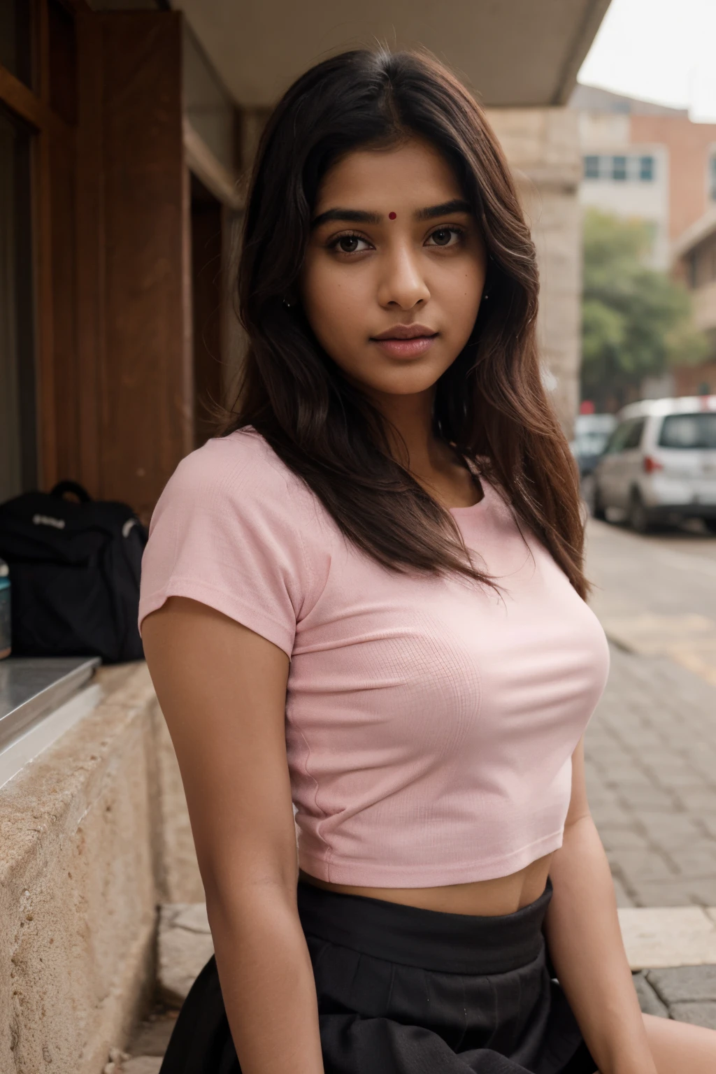 A Close Up Of A Woman In A Pink Shirt And Black Skirt - Seaart Ai