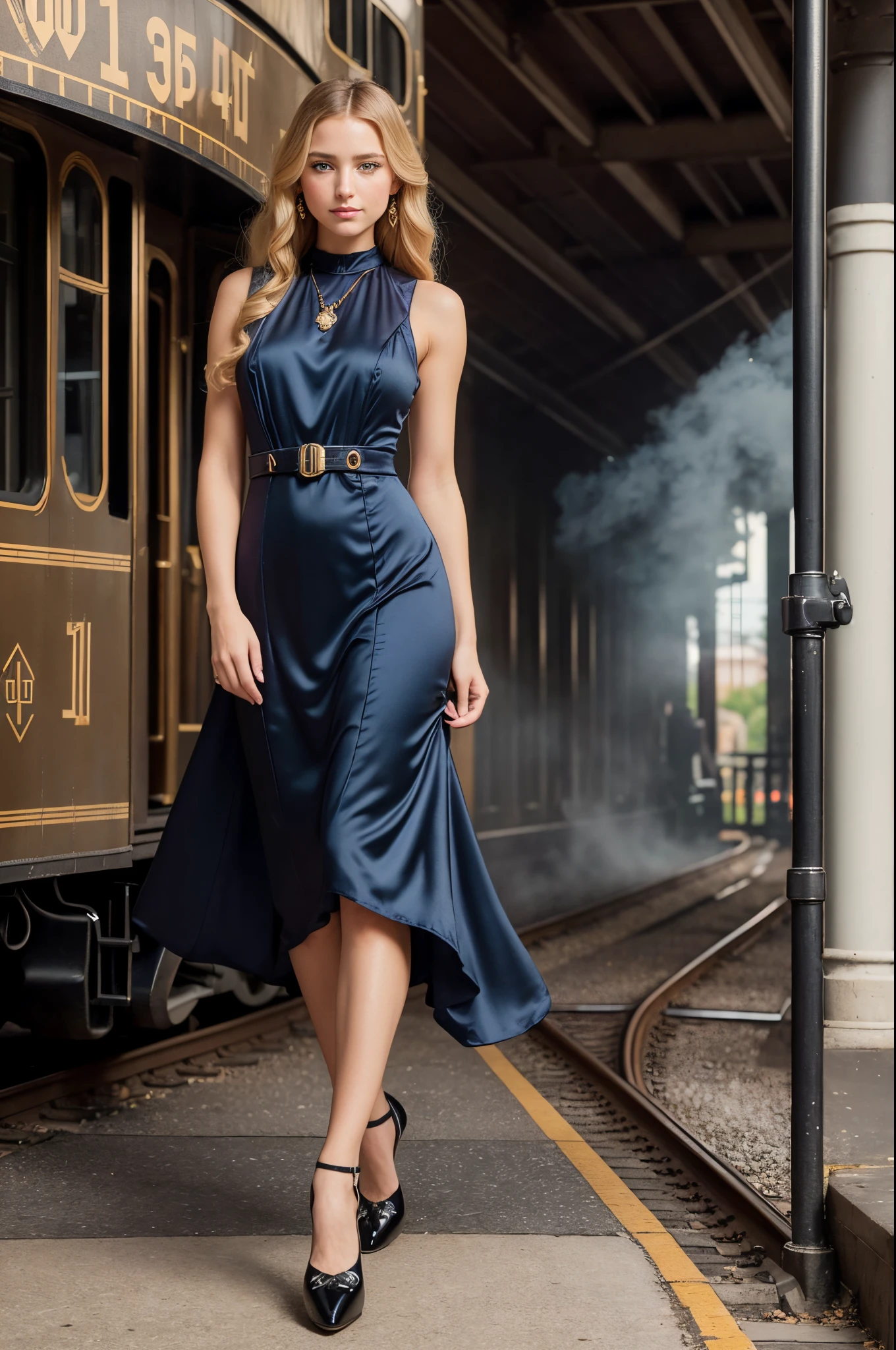 Full body portrait, a beautiful 28-year-old woman, standing (((outdoors))) on a 19th century train station platform, a huge black steam locomotive, locomotive puffing steam, 1910 railroad building behind her, she has long blonde hair, blue eyes, innocent, a beautiful blonde woman, coy expression, ((eyes open)), (((wearing an art deco dress))), ((trap pump shoes)), silk stockings, award-winning glamorous photography,((best quality)), (((masterpiece)), ((realistic)), ethereal lighting, ultra-high res.photorealistic:.1.4, (high detailed skin:1.2), 8k uhd, dslr, high quality, film grain, Fujifilm XT3,(masterpiece) (best quality) (detailed) (cinematic lighting) (sharp focus) (intricate)