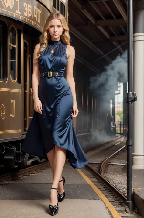 Full body portrait, a beautiful 28-year-old woman, standing (((outdoors))) on a 19th century train station platform, a huge blac...