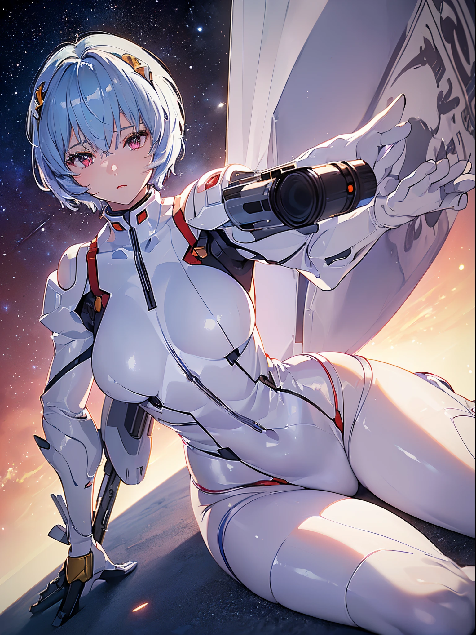 (((Ayanami Rei))),1girl in,Solo,(masutepiece,Best Quality, Official art, Beautiful and aesthetic:1.2),(超A high resolution, (4K), (Photon mapping, Radio City, Physically-based rendering,Automatic White Balance), technological sense,amazing,Sharp Focus,Rich background, (((High detailed skin,)))Dynamic lighting,intricate detailed outfit,kawaii,Watery eyes,((Short hair,))deadpan, skiny,  turtle neck, body suit, mechs,(masterpiece sidelighting),(a beauty girl,The sheen),(sky blue hair,Pink eyes,）[[Delicate fingers and hands:0.55]::0.85],(Detail fingers),(kneel down on the ground), 20d,((universe:1.4),gun,(Shooting position:1.3),