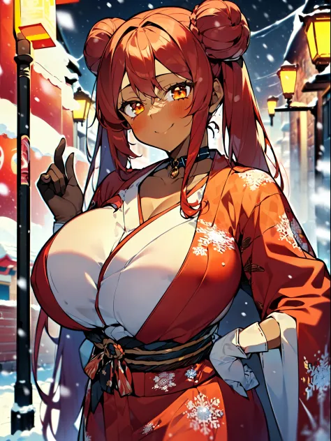 masterpiece, best quality, extremely detailed, 1girl, mature female, solo, (dark brown skin:1.7), volume, (huge breasts:1.2), ((((red hair), twintails, very long hair, bun, orange eyes))), (((collarbone, red kimono, print kimono, snowflakes print, white gl...