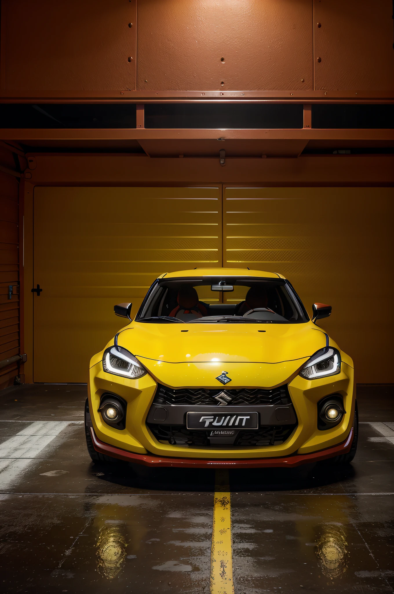 a yellow suzuki swift parked in a garage with a red wall, prototype car, futuristic suzuki, full view of a sport car, futuristic product car shot, concept car, pininfarina, sports car in the room, sportscar, very futuristic,