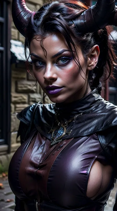 female tiefling, medium length black hair, blue eyes, purple skin, leather clothing,