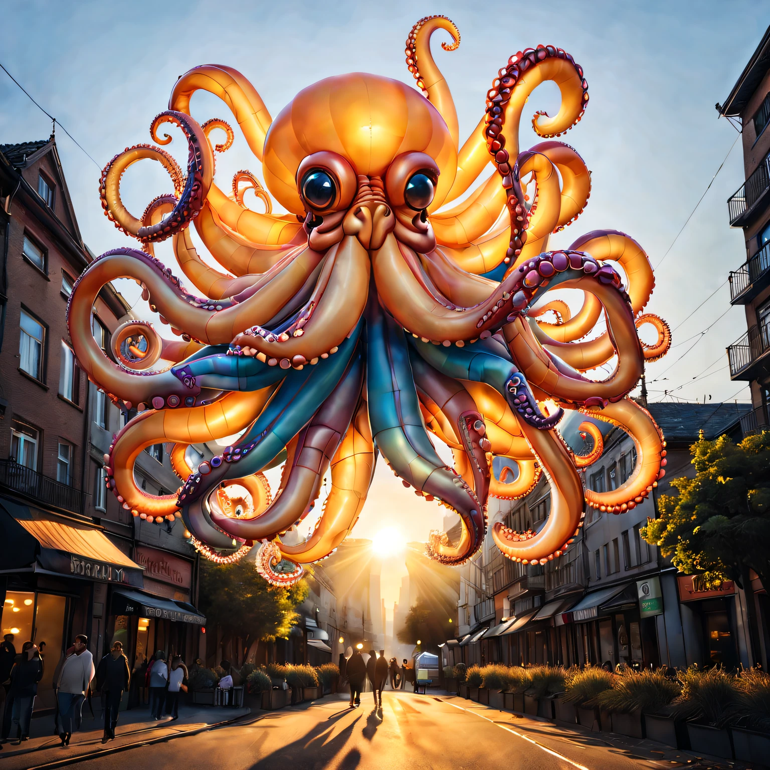 Pulpo colorido hecho de globos.，flotar sobre la ciudad，Los tentáculos se extienden con gracia en todas direcciones.。El sol proyecta un cálido resplandor sobre la escena，Resaltar la viveza de los colores.。Captura escenas con realismo ultradetallado，El estilo artístico combina elementos de fantasía y realismo.。(Una alta resolución,actual)。