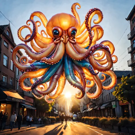 Colorful octopus made of balloons，Float over the city，Tentacles extend gracefully in all directions。The sun casts a warm glow on...