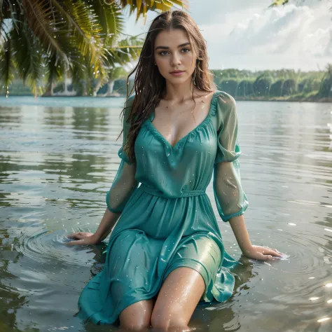 woman in a green dress sitting in a body of water, gorgeous woman, very beautiful top model, gorgeous lady, closeup fantasy with...
