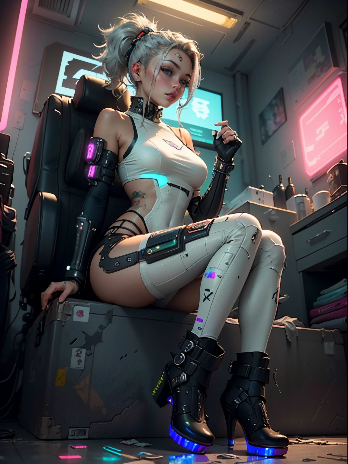 ((Best quality)), ((masterpiece)), (highly detailed:1.3), 3D, beautiful ((cyberpunk girl:1.3))Full body cyber girls with ponytail wear white knee high heel platform boots. Very beautiful latina girl. stiletto heels. Bright white color to show that she is a cyber girl. white eyebrows. clothes like full body catsuit. She also has blue eyes. The environment is like a teenage girl's bedroom. The hair is white. She is illuminated with bright blue color on one side of her face. Led like. Taziota style. And both hands have the led light too.