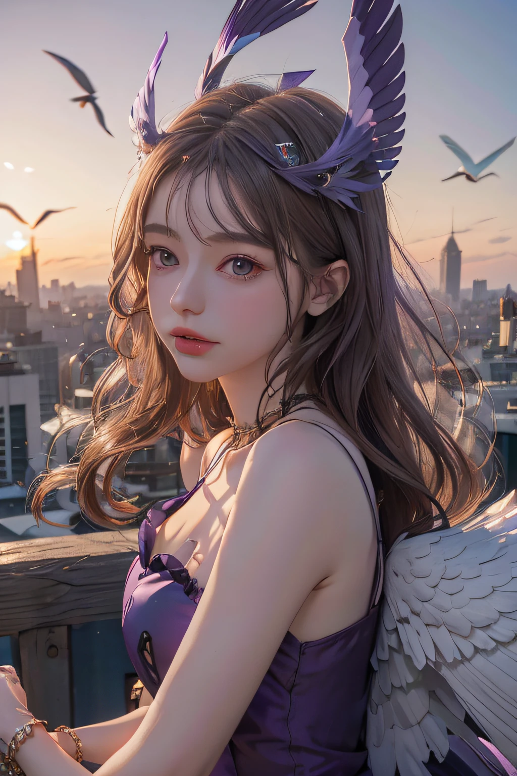 enna allouette, purple angel, purple 1piece sundress, purple headdress, white wings, flying with birds, on top of city background, sunrise time,