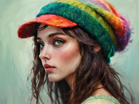 Digital painting using palette knife technique. A beautiful green-eyed girl in profile looking at camera with a brightly colored...
