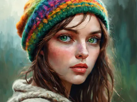 Digital painting using palette knife technique. A beautiful green-eyed girl in profile looking at camera with a brightly colored...