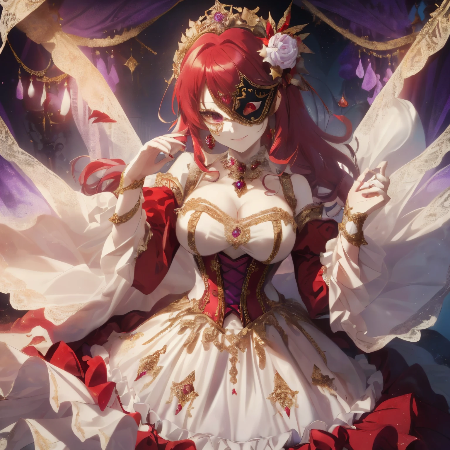 ((mixed white and red hair)),(Long curled hair),((She is wearing a mask like one would wear at a masquerade ball........)),((Mask to cover the eyes)),((Dress with lots of red, white, and gold frills)),(flare sleeve),((corsets)),((The hem of the dress is long enough to reach the ground.)),(A chaotic worldview mixed with black, Red, and purples),(Tartarus),(Hellish world),((abyss)),((Have the hem of the dress、Please accept me as a daughter of a nobleman....)),(Invincible smile)