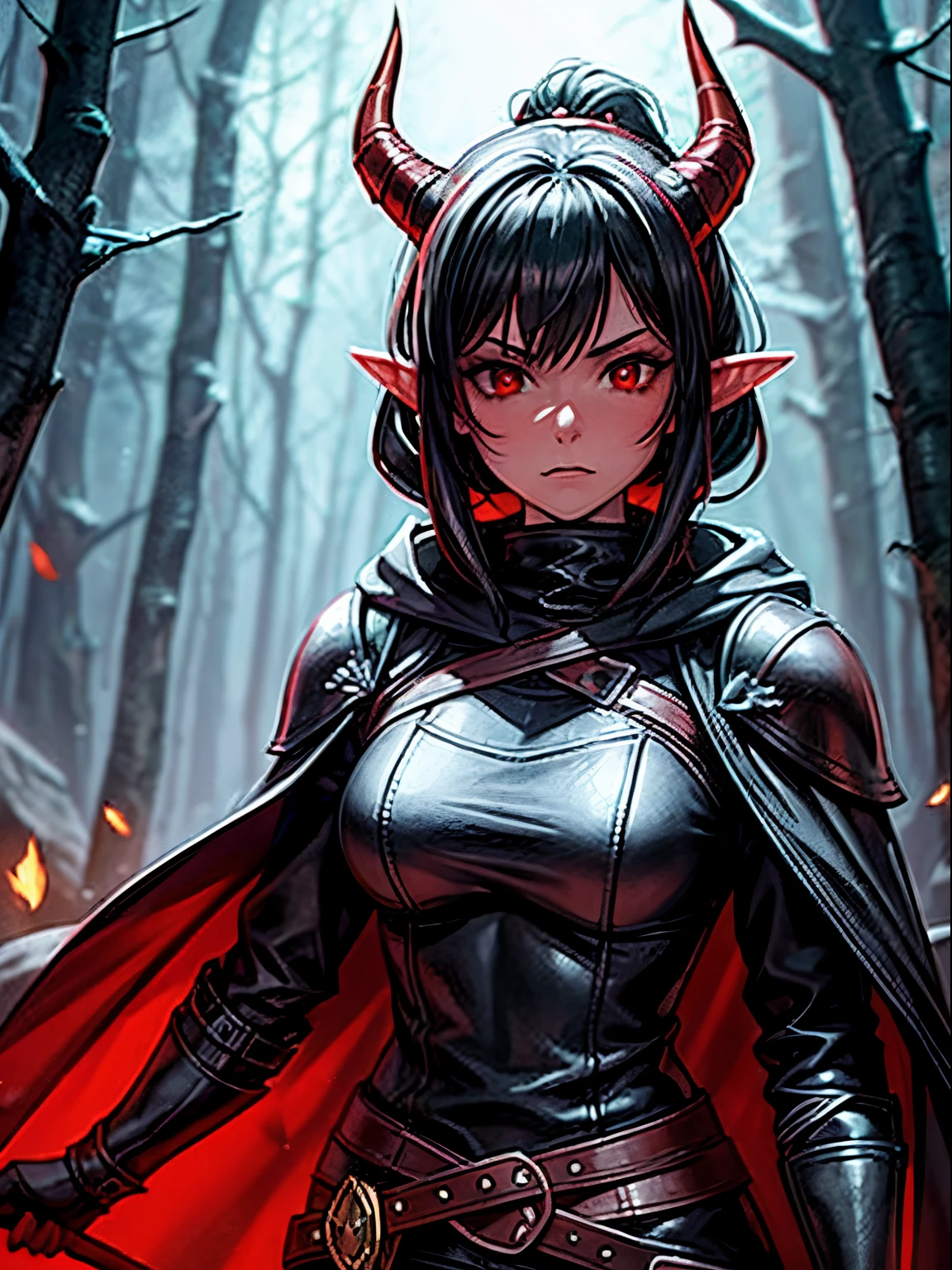 1girl, short all black hair in loose ponytail, soft red eyes, innocent eyes, elf ears, colored skin, red skin, 2 Black demon horns, demon horns, black horns, average body, wearing full leather armor, rogue cloak, hooded cloak, hood down, leather armor, rogue armor, ranger armor, covered body, fully covered, SFW, non-revealing, safe, PG13, dungeons and dragons, DnD, D&D, rogue, assassin, thief, walking through a forest, night time, dark, night, looking at viewer