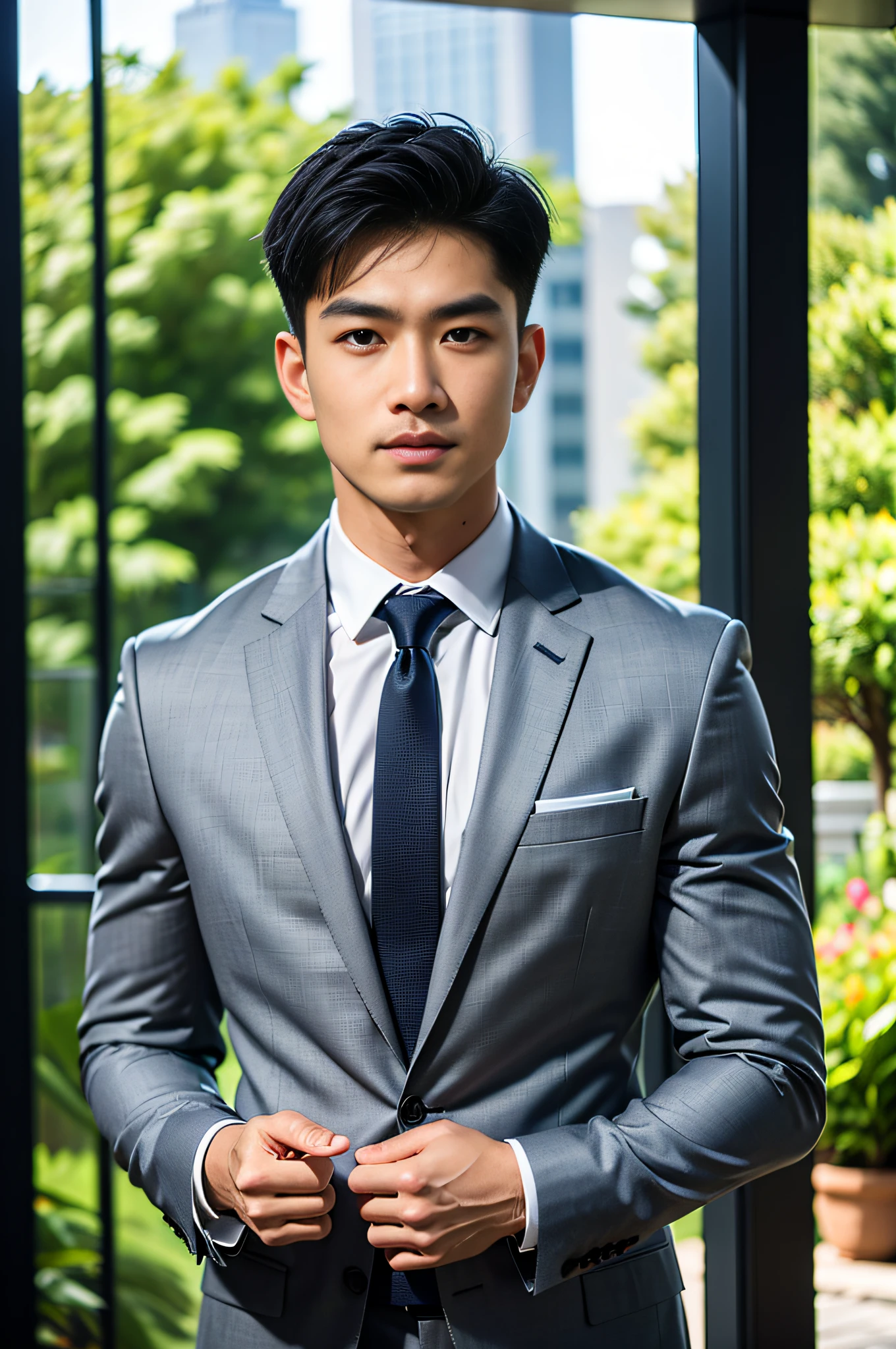 masterpiece, bestquality, High Quality, extremely detailed cg unity 8k wallpaper, Depth of Field, HDR,,photorealistic portrait,Very detailed, 1 man, asian, Short black hair (Wear a gray suit.), Pectoral muscles, Big arm muscles, blood vessel, Big muscles, Wide shoulders, looking at the audience, balance eyes, (eye contact)