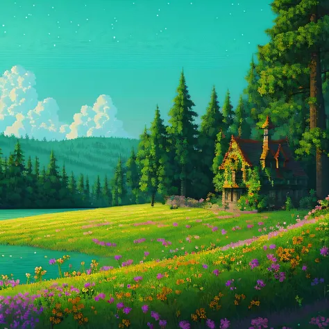 colorful flower field in the middle, lake in the distance, forest trees nearby, fantasy castle in the horizon on a cliff, pixel ...