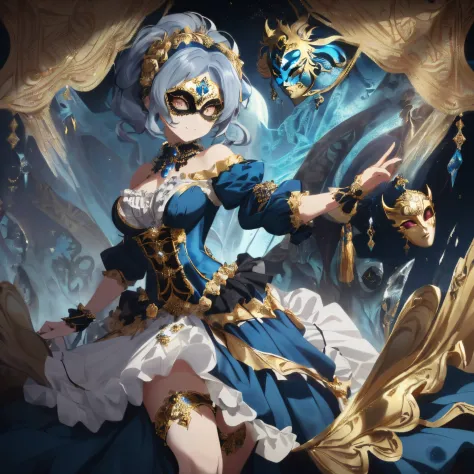 ((hair that is a mixture of gold and blue)),(curled twin tail hair),((She is wearing a mask like one would wear at a masquerade ...