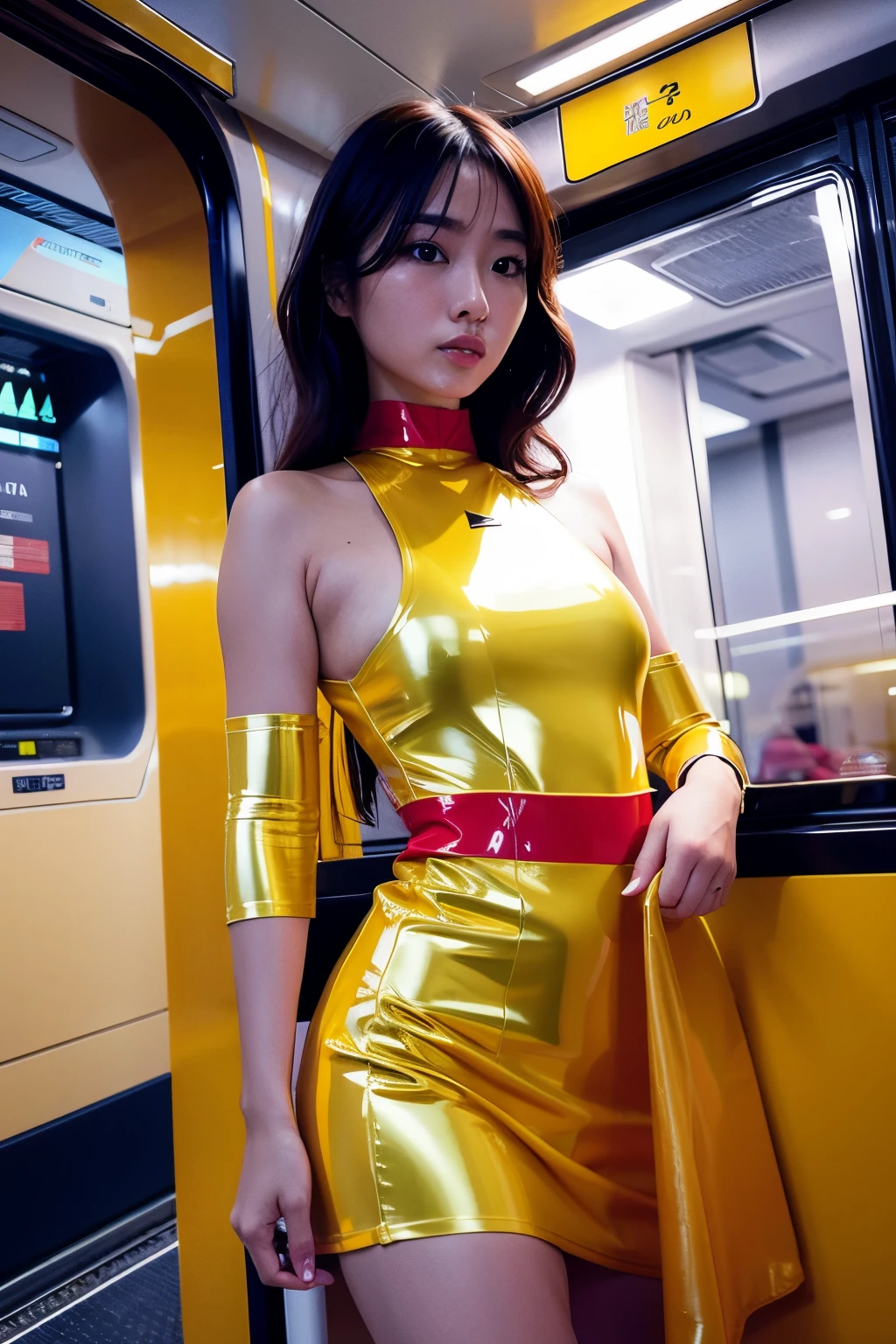 foto rialística、Fa Yuili、Uma mulher arafi usando um vestido amarelo posando no trem,Calcinha branca、 vestindo roupa de látex atsuko kudo, Faye Valentim, Faye Valentim from cowboy bebop, traje espacial amarelo, vestido de látex, Amarelo brilhante, tirada em 2 0 2 0, como uma heroína retro futurista, tendências na cgstation, látex brilhante, terno de látex brilhante cyberpunk, mulher asiática de jornada nas estrelas, ouro brilhante