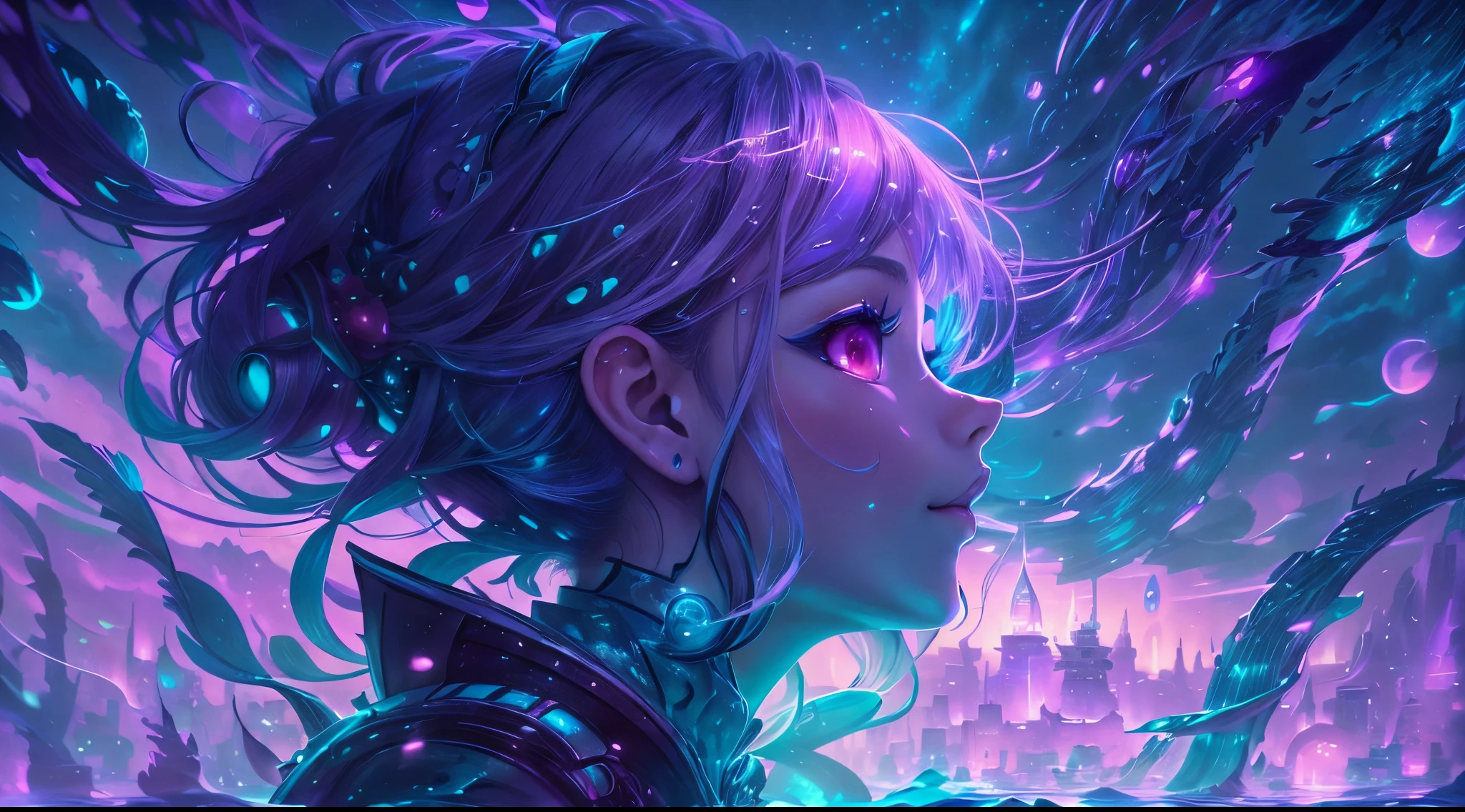 Monde sous-marin avec ville futuriste. violet, bleu et noir avec le clair de lune brillant à travers les couches d&#39;eau. ((Une jolie fille anime regardant depuis les profondeurs de l&#39;eau)). Haute résolution, Art photo réaliste détaillé 16k