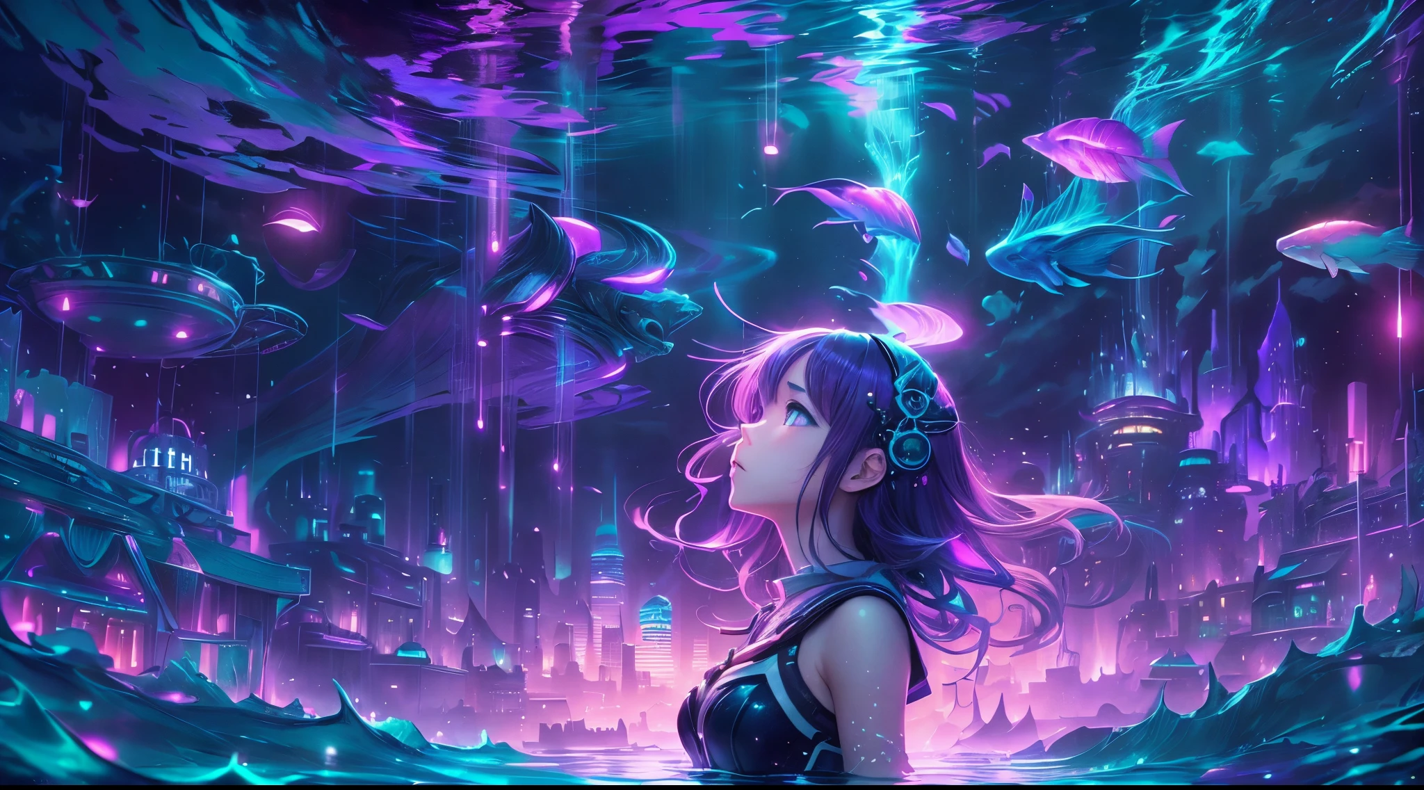 未来都市のある水中世界. 紫, 水の層を通して輝く月光と青と黒. ((水の深みから見上げるかわいいアニメの女の子)). 高解像度, 16k の詳細なフォトリアルアート