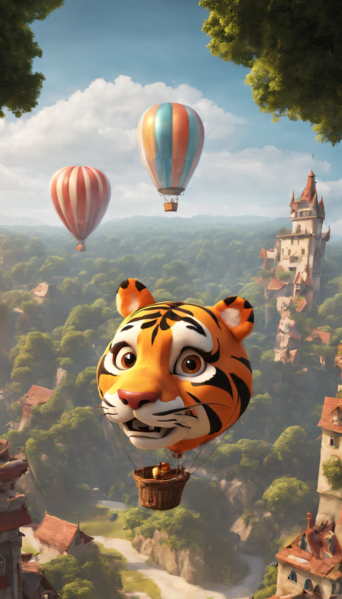 mid shot, 3D CG, air balloon that look like tiger, cute, concept art, pixar style, epic composition, natural lighting, HD
