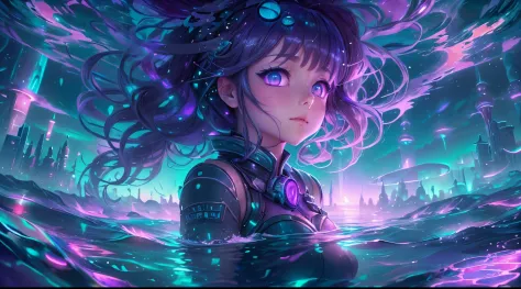 Underwater world with futuristic city. Purple, blue and black with moonlight shining through the layers of water. ((A pretty ani...