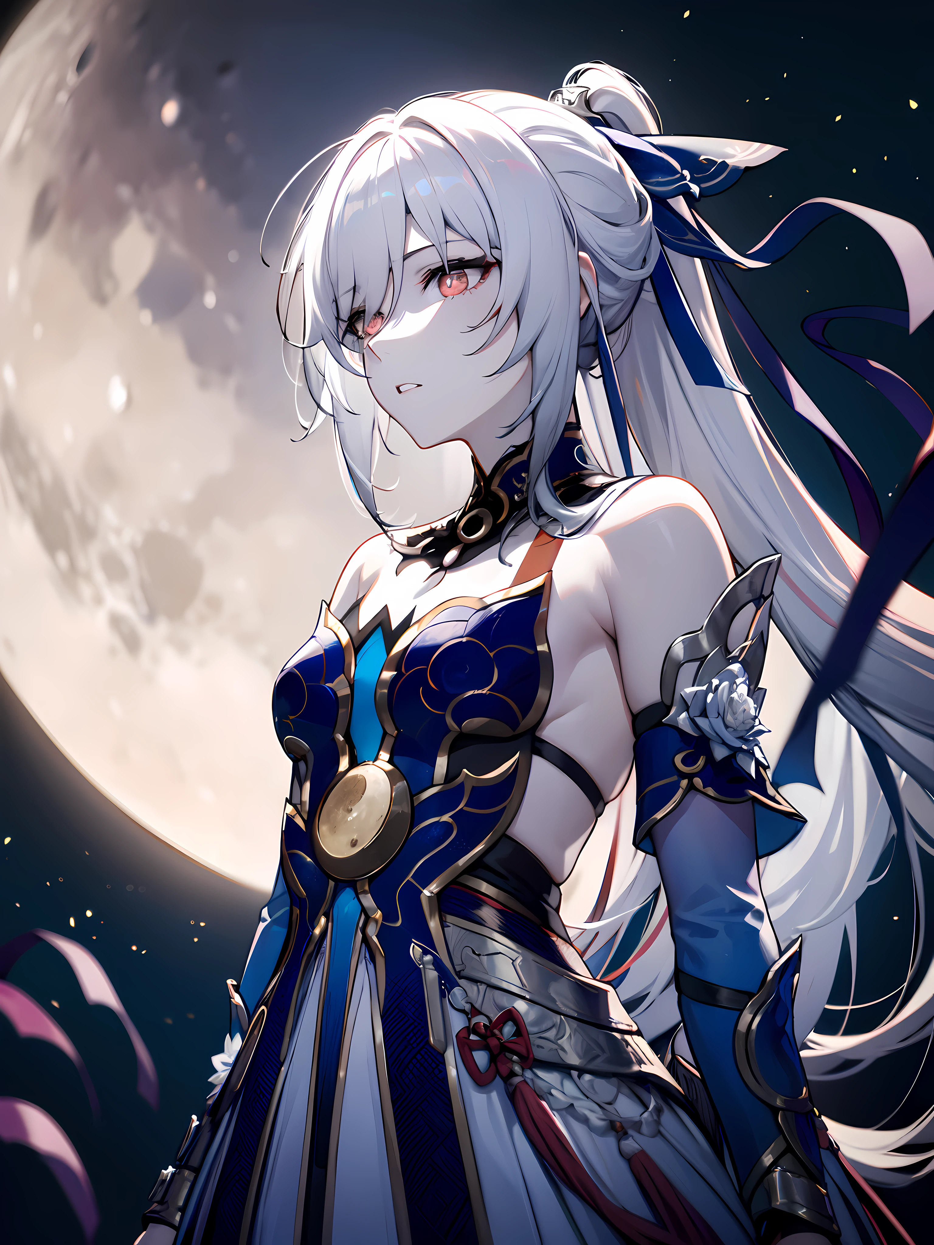 (masterpiece:1.2), (pale skin:1.2), (solo:1.2), (female:1.1), (emphasis lines:1.3), ponytail, white hair, long hair, black hakama, bare shoulders, outdoors, moon