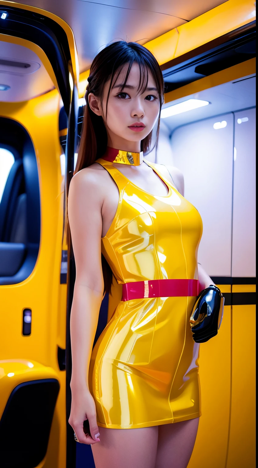 rialistic photo、Fa Yuili、An 18-year-old woman in a yellow dress posing inside a spaceship,White panty、 wearing atsuko kudo latex outfit, faye valentine, faye valentine from cowboy bebop, yellow space suit, latex dress, Glossy yellow, taken in 2 0 2 0, as a retro futuristic heroine, trending at cgstation, latex shiny, cyberpunk glossy latex suit, star trek asian woman, shiny gold
