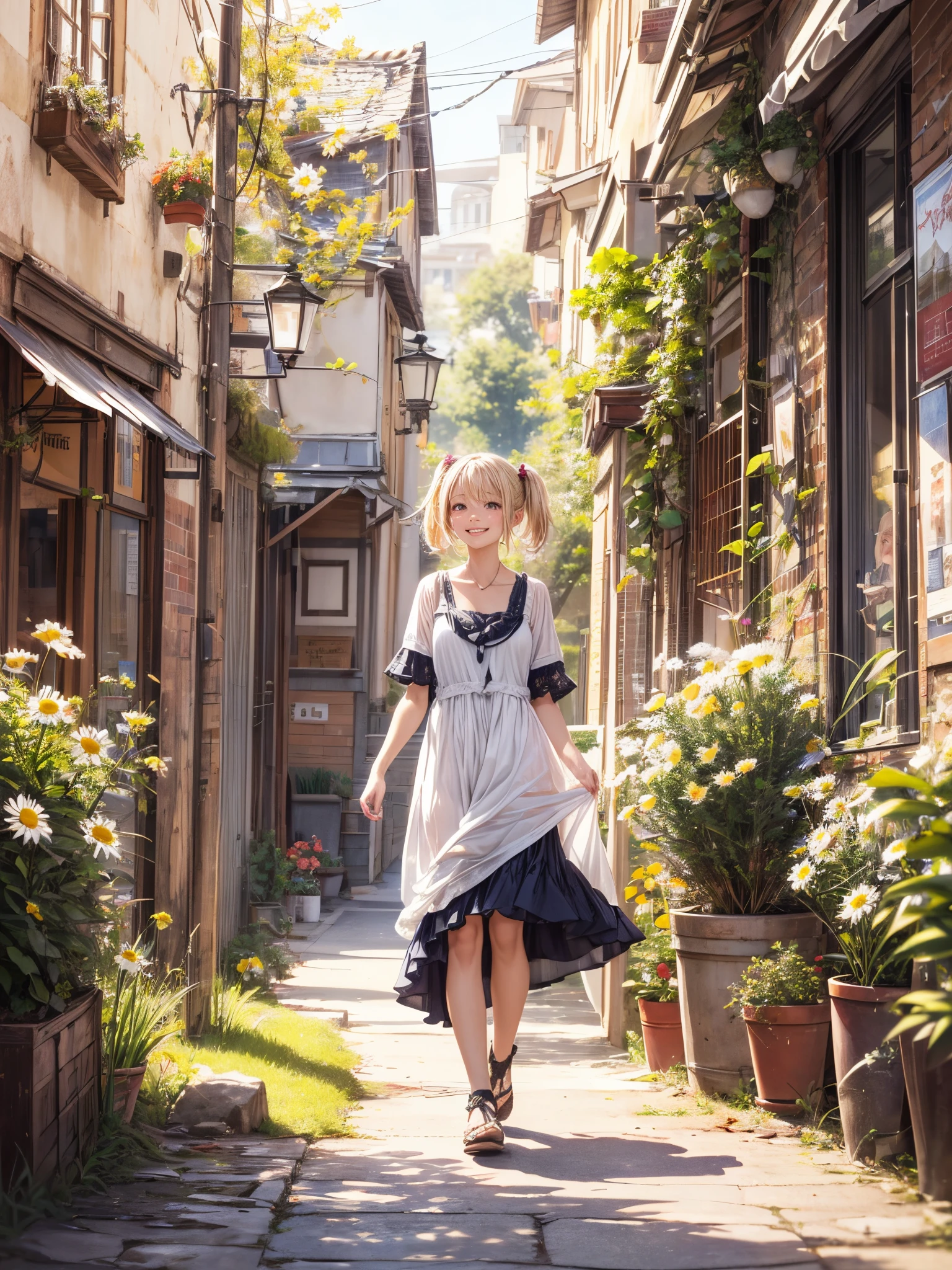 (Best Quality),hight resolution,(Realistic:1.37),Portrait,Garden Girl,Beautiful detailed eyes,Detailed lips,Vivid colors,(kindly smile:1.4),(Girl walking in town),(Nostalgic atmosphere) ,(Short hair),(Low blonde hair, Loose and fluffy twin tails:1.2),Bright dresses,The town is surrounded by mysterious boundaries,Cool morning clouds are calm and peaceful, Quietly leads you to a sea of memories,Walk through a field of daisies,The tree々Gentle sunlight shines in,The beauty of tears, Like multicolored glass, Carried by the autumn breeze,Someday it will be full of fallen leaves,gentle sunlight,Soft breeze,Delicate flowers,Butterflies flutter by,calm and peaceful ambiance,Mesmerizing natural beauty,Whispering leaves,Subtle scent of summer grass,Whispers of happiness,Fragments of Shining Stars,Fleeting moments wrapped in eternity,