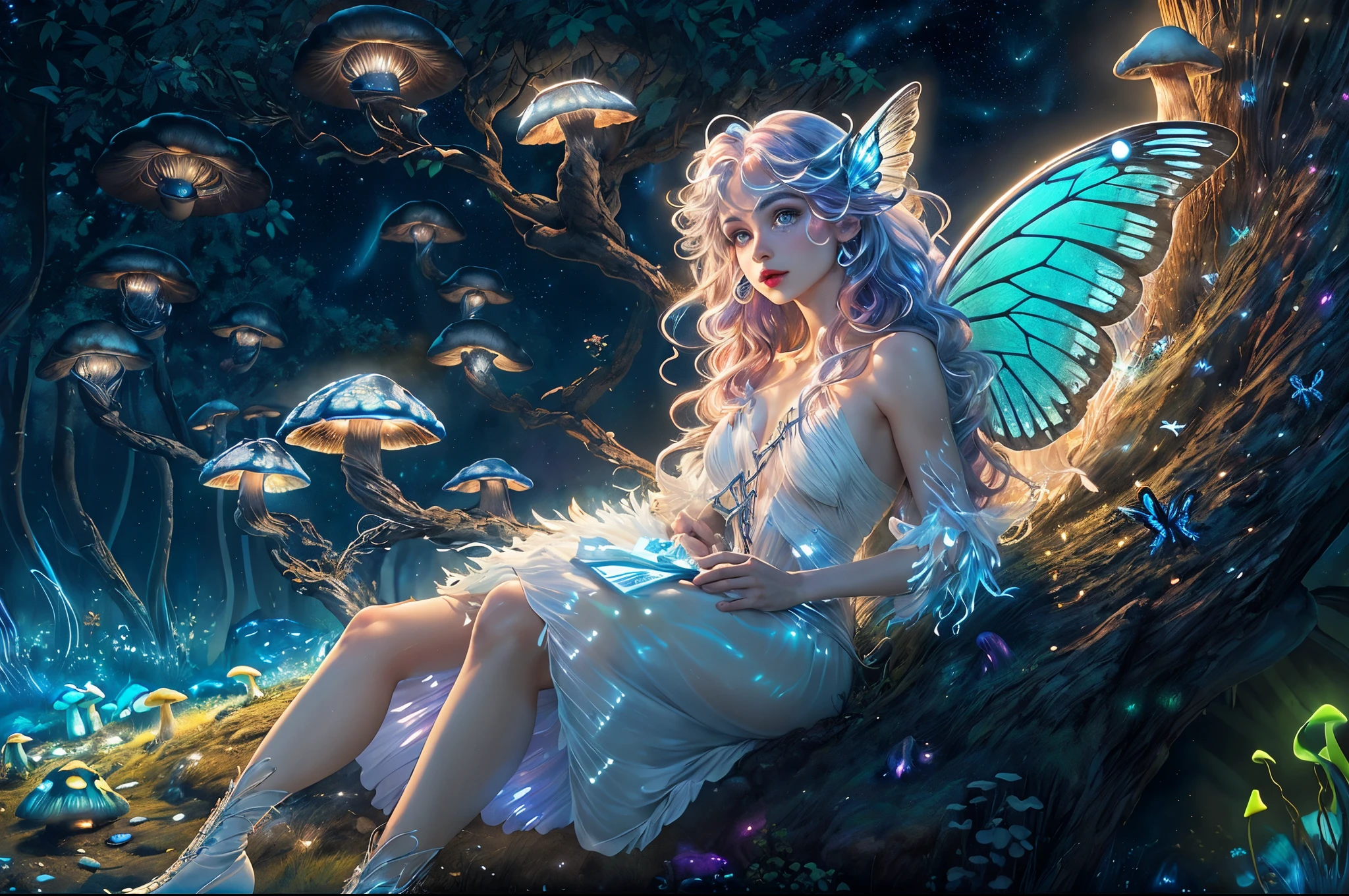 A picture of an exquisite and beautiful female fairy sitting on (bioluminescent mushrooms: 1.4)  Under the starry night sky in the forest, dynamic angle (ultra - detailed, tmasterpiece, Best quality at best), Ultra-detailed face (ultra - detailed, tmasterpiece, Best quality at best), Hyper-feminine, fare skin, with pink hair, curlies, Dynamic eye color, glowing light eyes, Sharp eyes, Redlip, wears a white dress, elegant silk dress (ultra - detailed, tmasterpiece, Best quality at best), butterfly wings (ultra - detailed, tmasterpiece, Best quality at best), Wear high-heeled boots, Phosphorescent Bioluminescent Mushrooms, Starry sky background, themoon, Beat details, Best quality at best, 8K, [ultra - detailed], tmasterpiece, Best quality at best, (ultra - detailed), full bodyesbian, super wide shot, photo-realism, Fantasyart, GL0W1NGR,